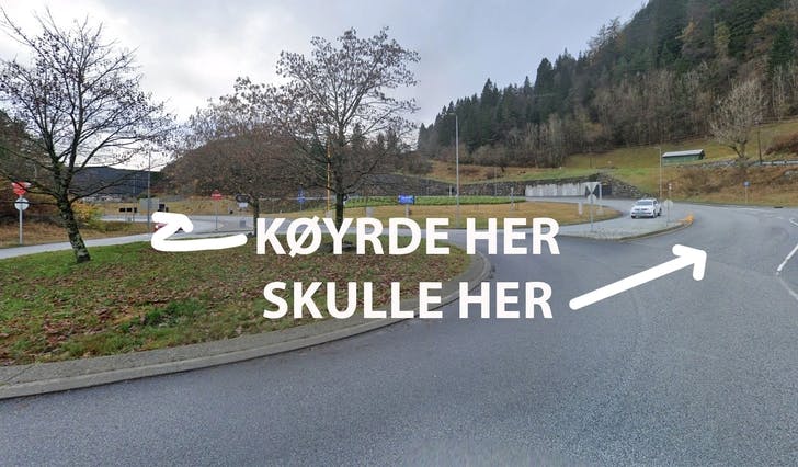 Mannen skulle mot Halhjem, såg skilt mot Stavanger, men hamna mot trafikken som kom frå Halhjem. (Bilde: Google Maps street view)
