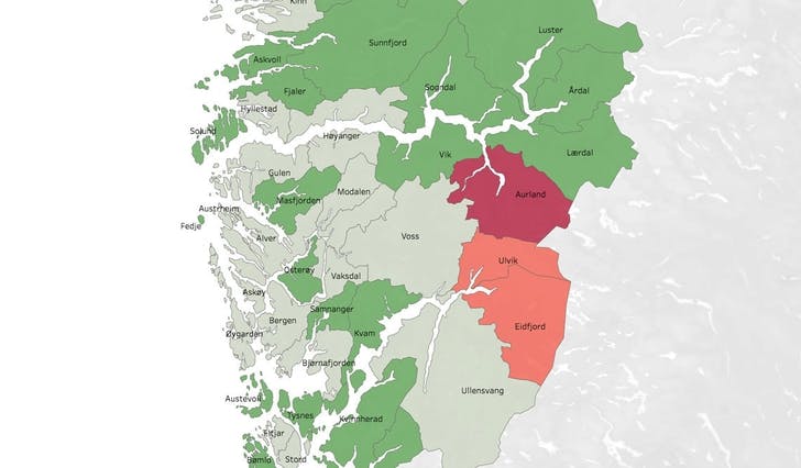 Arbeidsløysa i Bjørnafjorden kommune ligg over snittet i Vestland fylke. (Kart: Nav)
